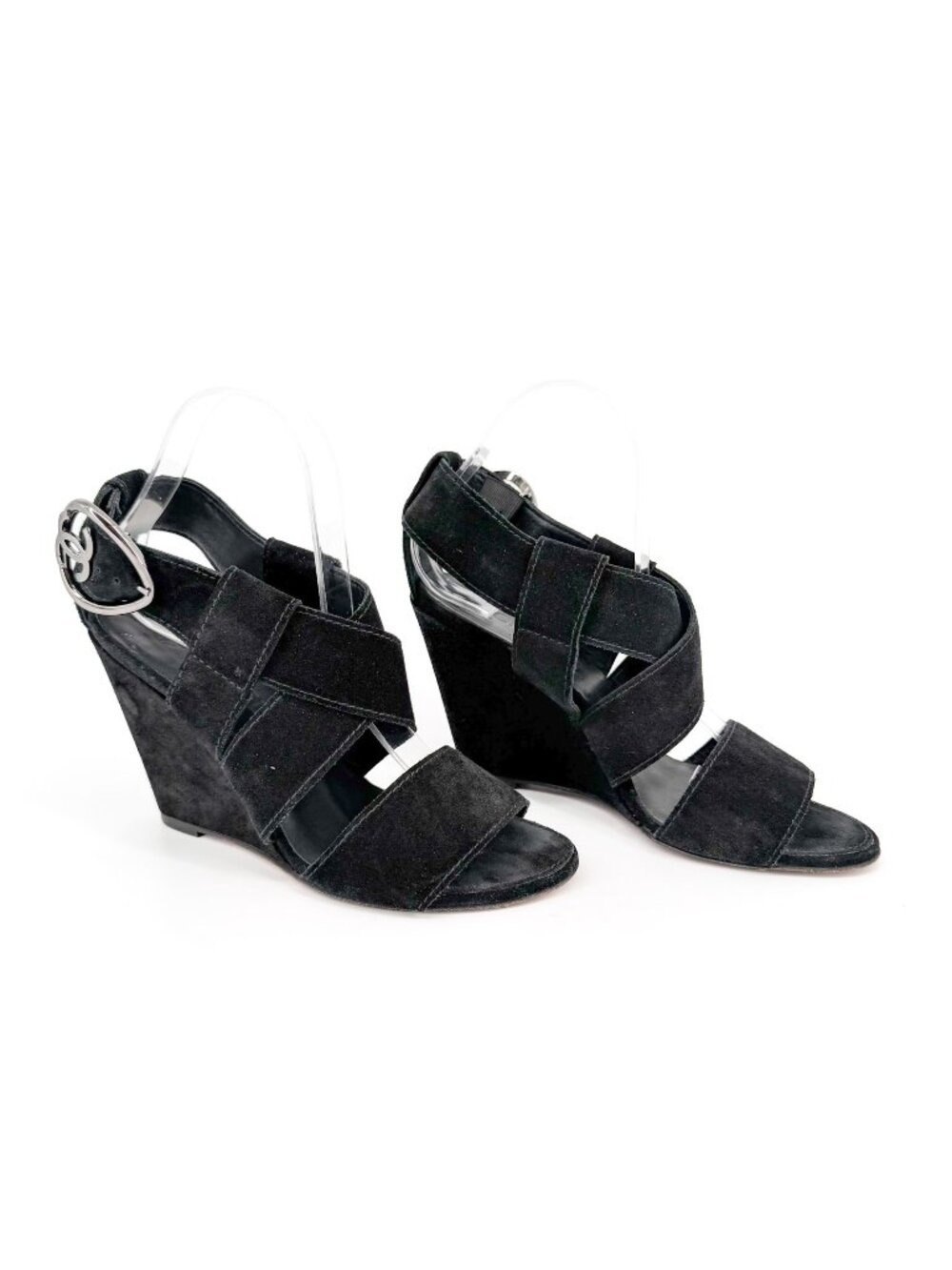 Chanel CC Heart Buckle Wedge Sandals Heels Black Suede Size 39.5 US 8.5-9 Women